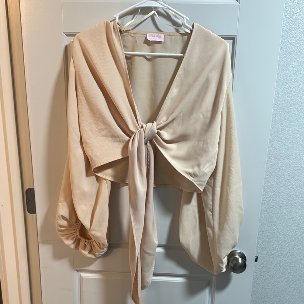 Pink Lily Cream Tie-Front Crop Top